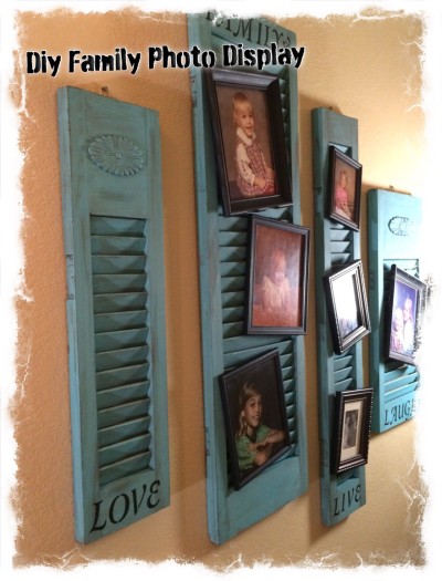 Family photo display made from old wood shutters