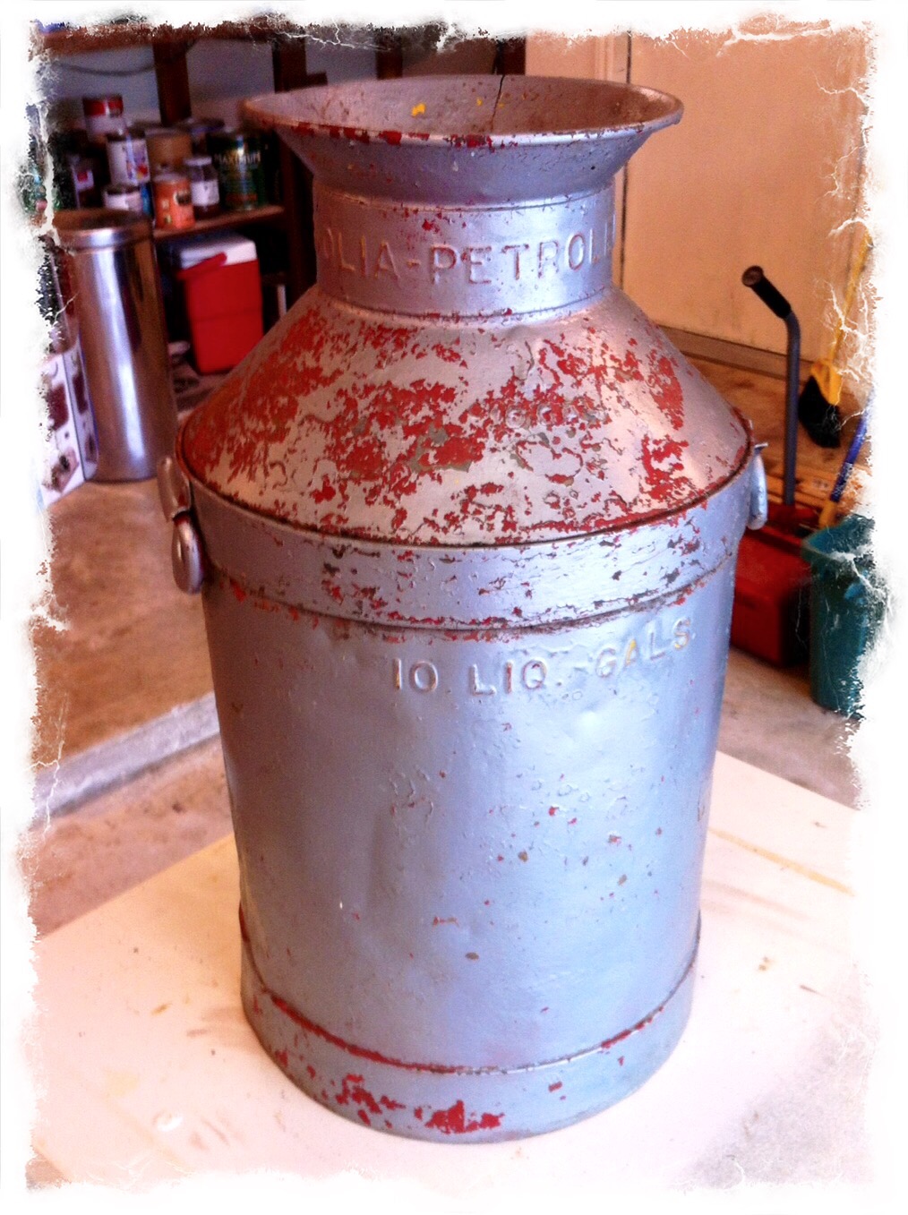 antique metal petroleum jug