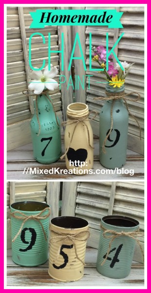 How to make homemade chalk paint | how to repurpose bottles and cans with homemade chalk paint | two ingredient chalk paint found in most homes #HomemadeChalkPaint #Diy #RepurposedCans #UpcycledBottles MixedKreations.com
