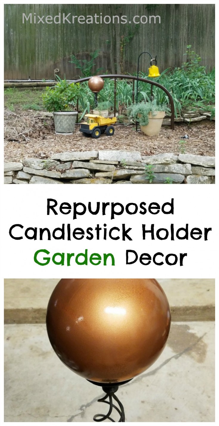 repurposed candlestick holder garden decor | how to upcycle a candlestick holder into garden decor #diy #repurposed #upcycled #gardendecor MixedKreations.com
