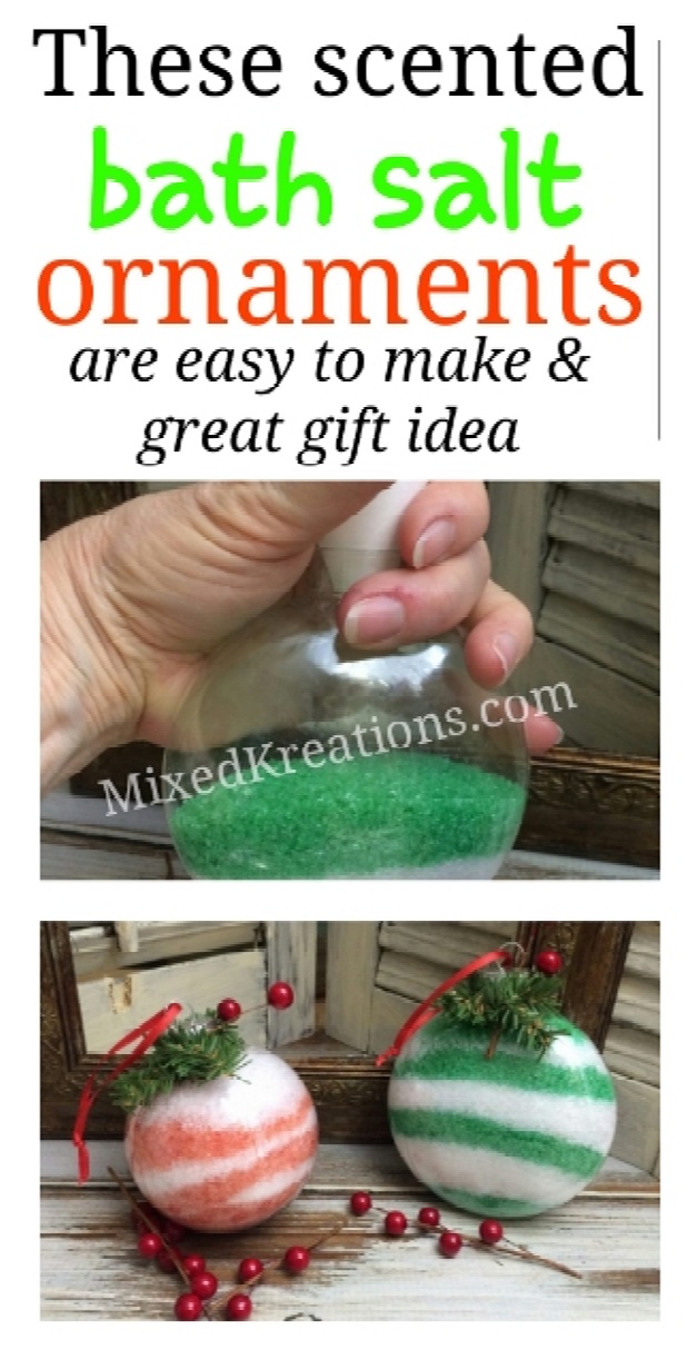 how to make bath salt Christmas ornaments, give homemade bath salts ornaments as gifts, MixedKreations.com