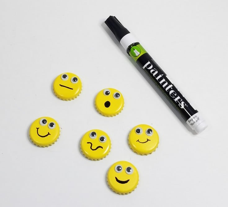 Easy bottle cap emoji magnets, how to upcycle bottle caps into emoji magnets, diy emoji magnets, 