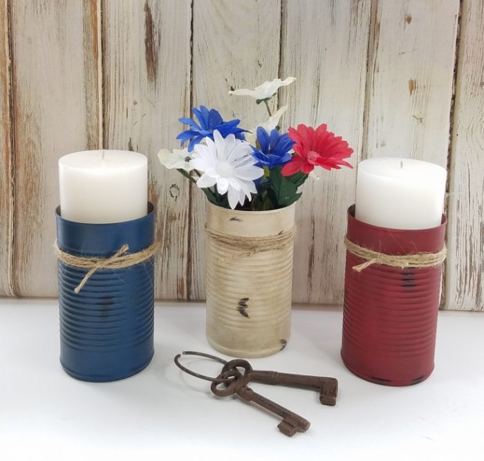 How to upcycle empty cans into red white and blue patriotic decor