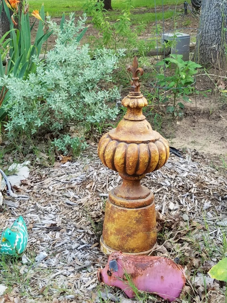 Repurposed Yard Sale Lamp Yard Art with a french damask topper