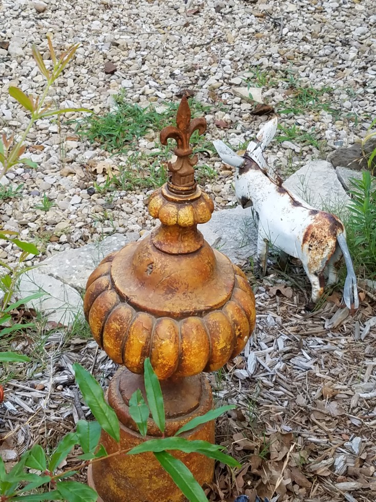 Repurposed Yard Sale Lamp Yard Art with a french damask topper