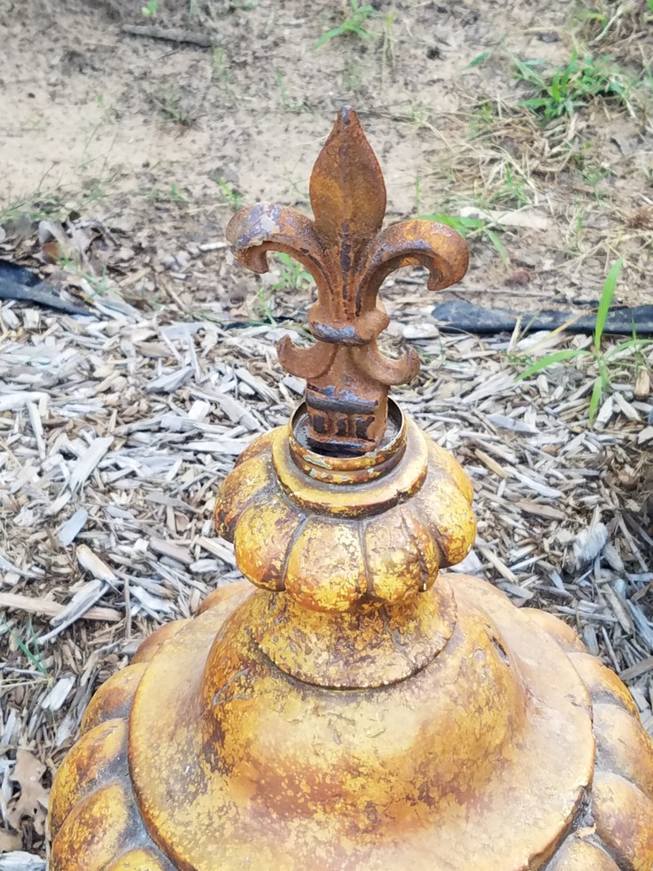 Repurposed Yard Sale Lamp Yard Art with a french damask topper