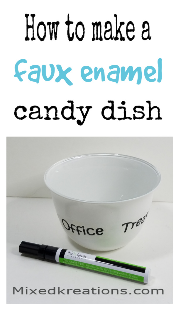 Goodwill dish upcycled into a faux enamel candy dish