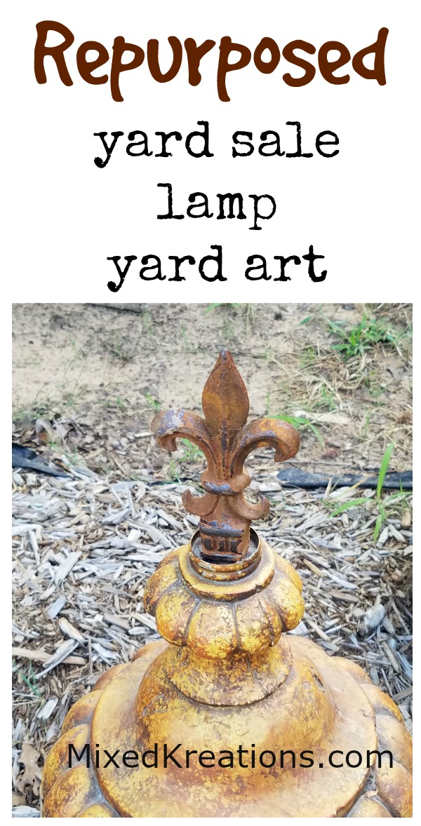 how to repurpose a yard sale lamp into yard art, yard sale lamp yard art french damask topper