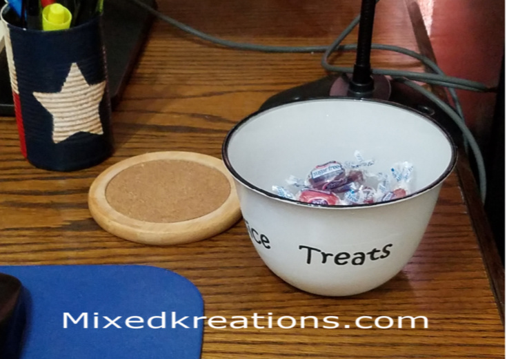 Goodwill dish upcycled into a faux enamel candy dish