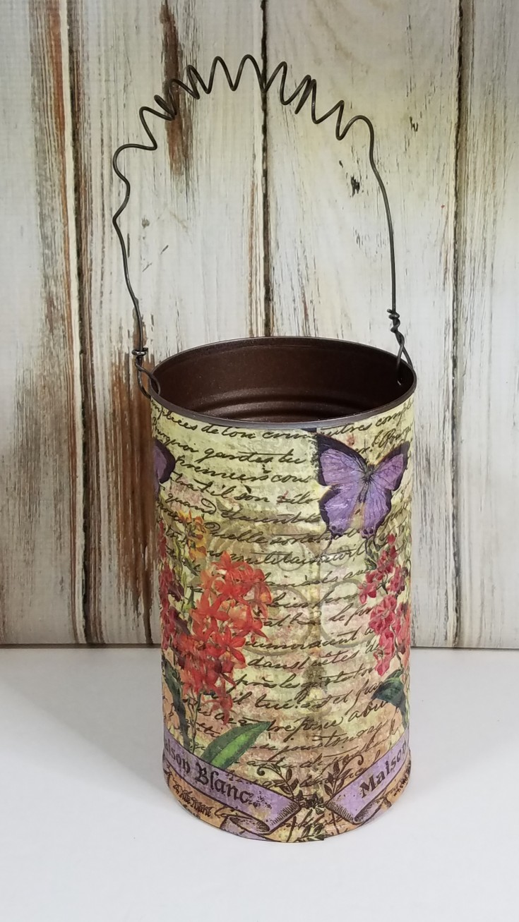 Decoupaged tin can, repurposed tin can, how to decoupage a tin can