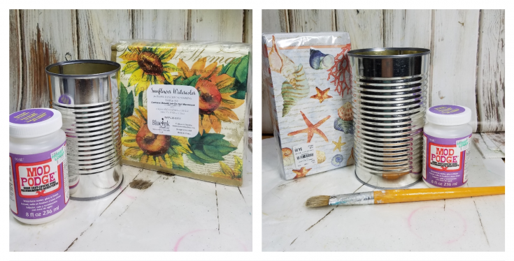 Decoupaged tin can, repurposed tin can, how to decoupage a tin can