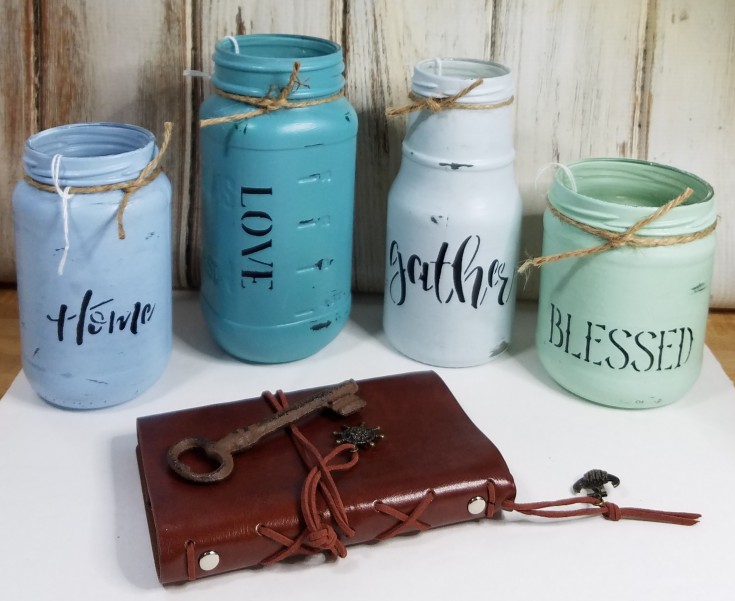 Upcycled stenciled jars