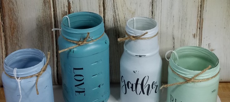 Upcycled stenciled jars