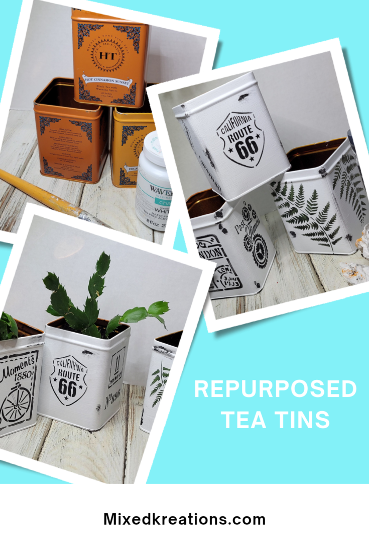 Repurposed tea tin planters