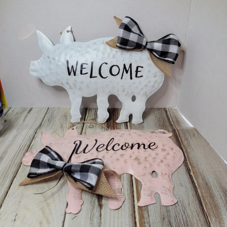 Welcome signs made from Dollar Tree metal