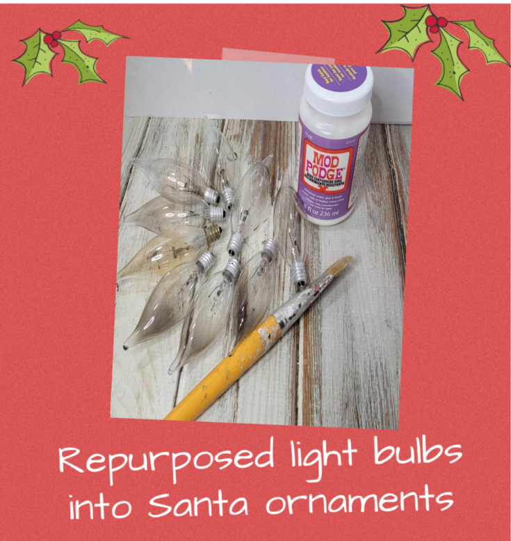 repurposed light bulbs into santa ornaments